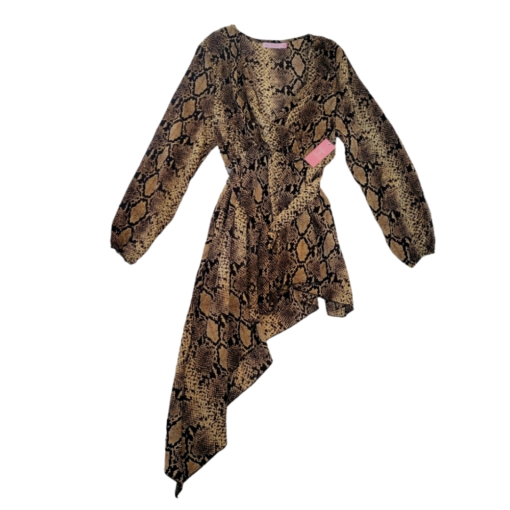 May & June Snakeskin Printed Top Womens XL Tan Black NWT Asymmetrical Tie Waist